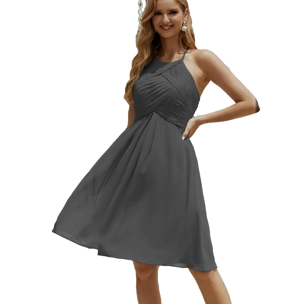 AW Bridal Gray Halter Spaghetti Strap Knees Length Bridesmaid Dress Size US 14